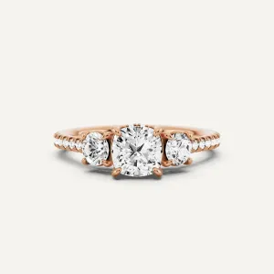 1 1/5 ctw Cushion Diamond Three Stone Engagement Ring with Round Side Stone