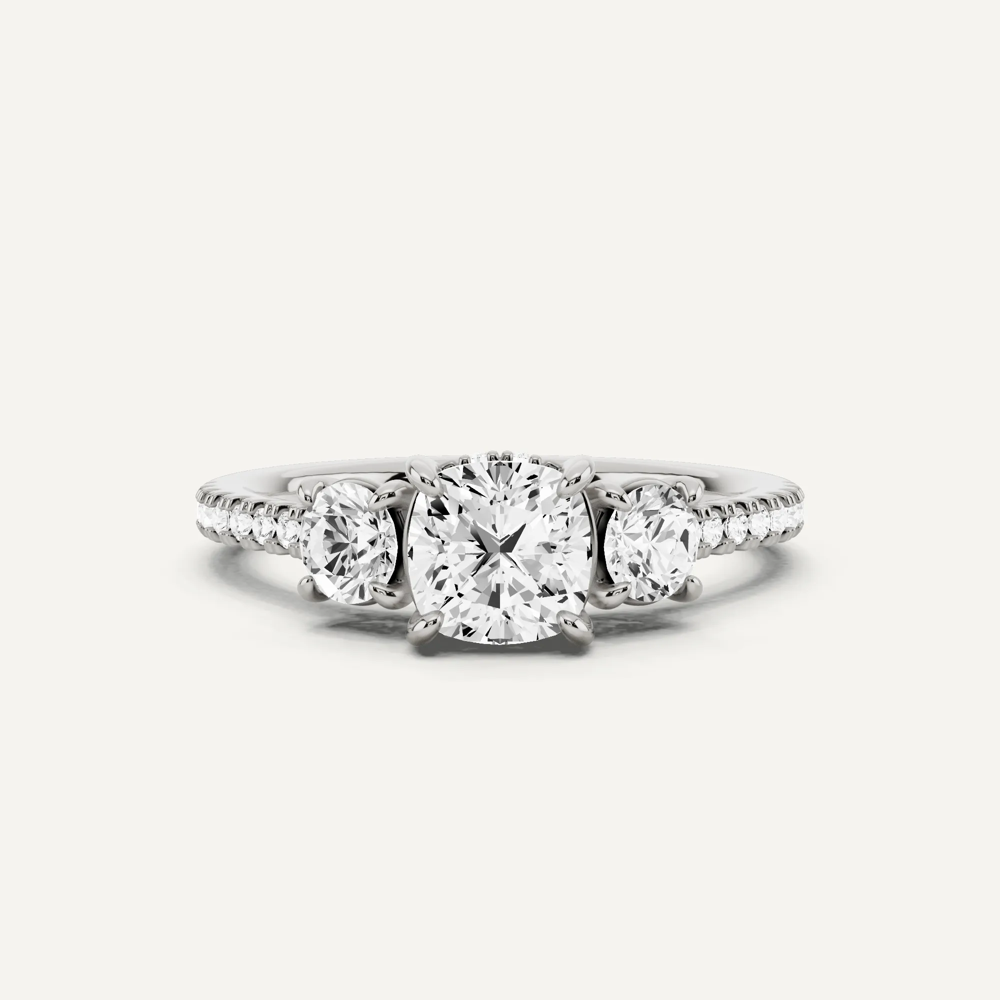 1 1/5 ctw Cushion Diamond Three Stone Engagement Ring with Round Side Stone