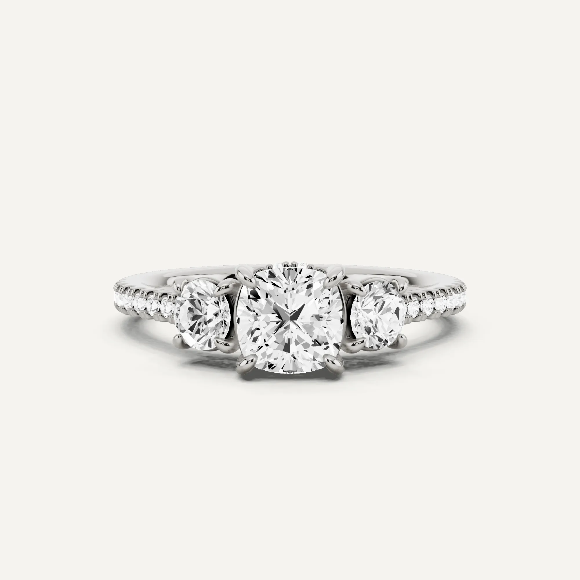 1 1/5 ctw Cushion Diamond Three Stone Engagement Ring with Round Side Stone