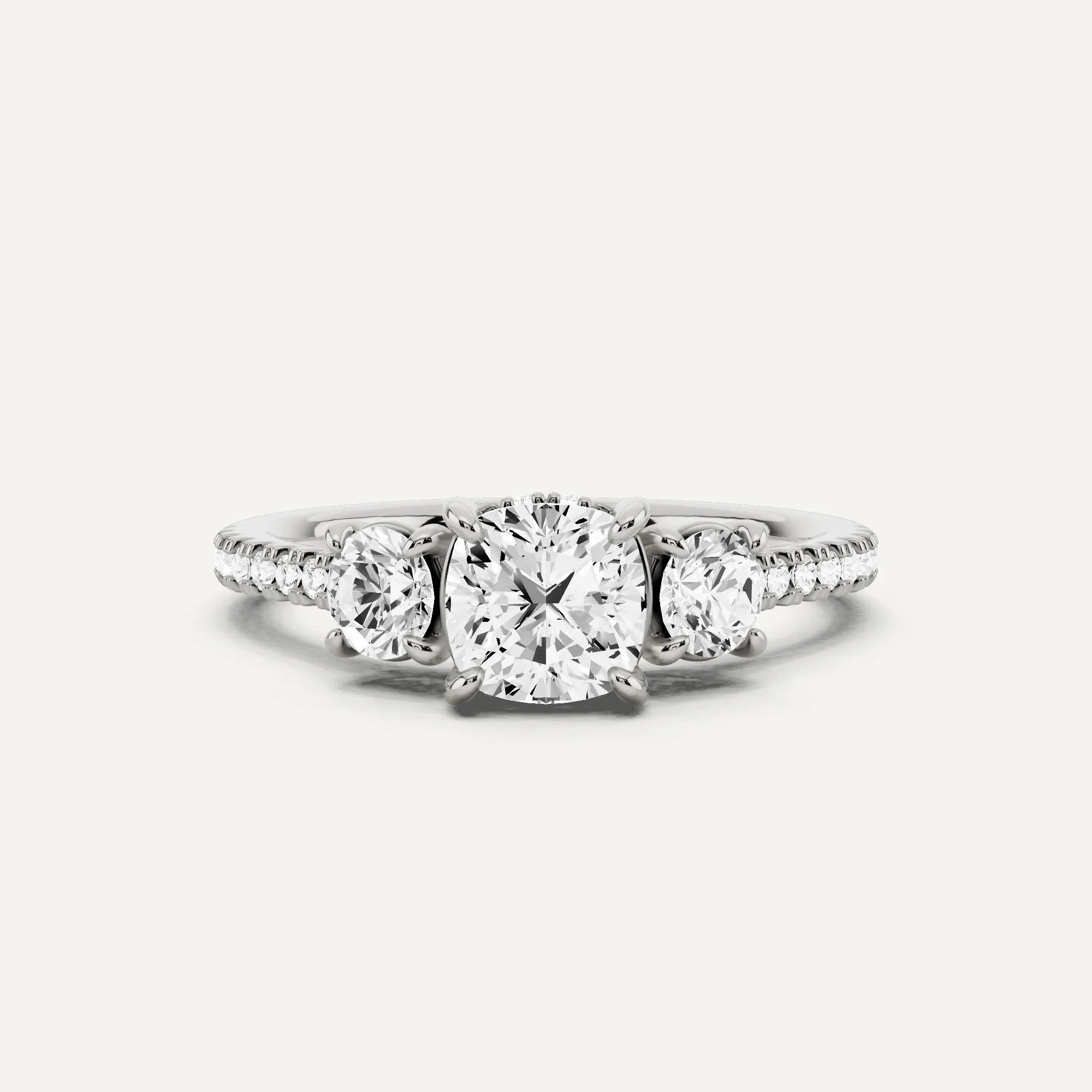 1 1/5 ctw Cushion Diamond Three Stone Engagement Ring with Round Side Stone