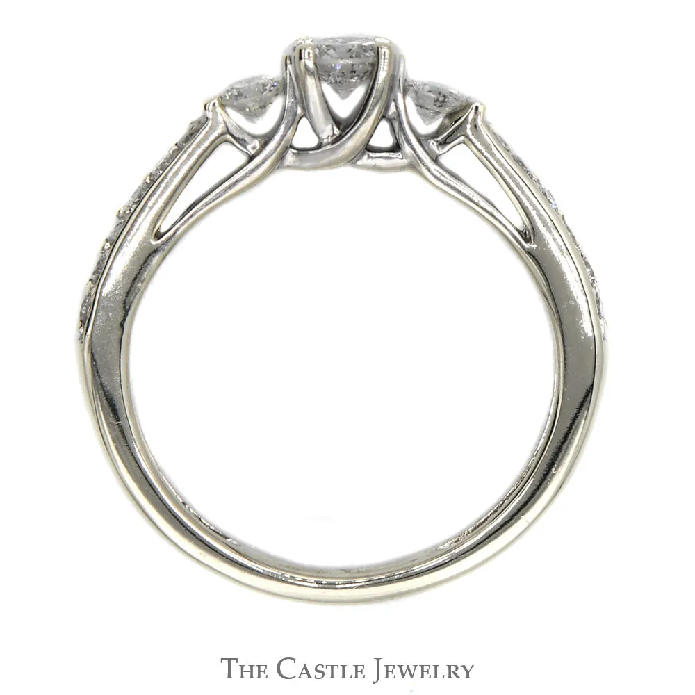 1/2cttw Three Stone Diamond Engagement Ring with Diamond Accents in 14k White Gold