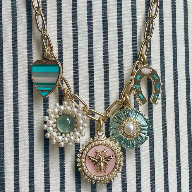 14KY Gold Aquamarine Diamond and Pearl Emily Charm