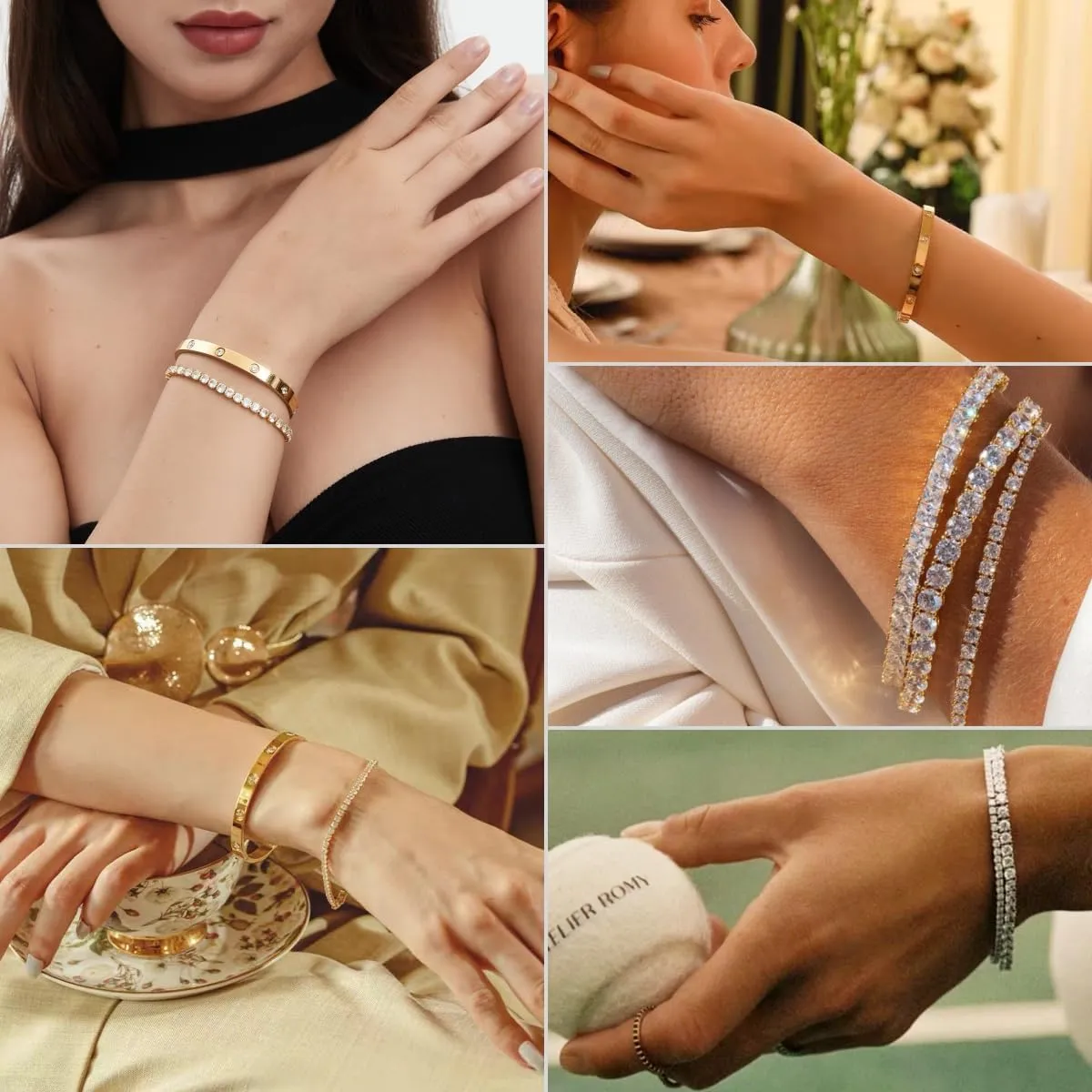 18K Gold Plated Dainty Tennis Bracelets Set 4mm/6mm Love Bangle Bracelets with 3mm/4mm Cubic Zirconia Classic Tennis Bracelet| Gold Bracelets for Women | Size 6.5/7/7.5 Inch