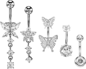 5pcs Long Belly Button Rings,Stainless Steel Diamond Belly Rings For Women,Pendant Navel piercing Jewelry with Butterfly,6mm Short & 10mm