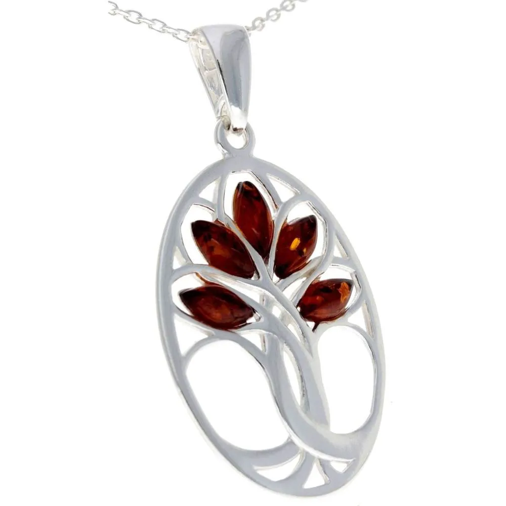 925 Sterling Silver & Baltic Amber Tree of Life Oval Pendant - GL364