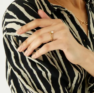 Accessorize London Women's Gold Pack of 2 Solitaire & Wave Band Stacking Rings-Medium