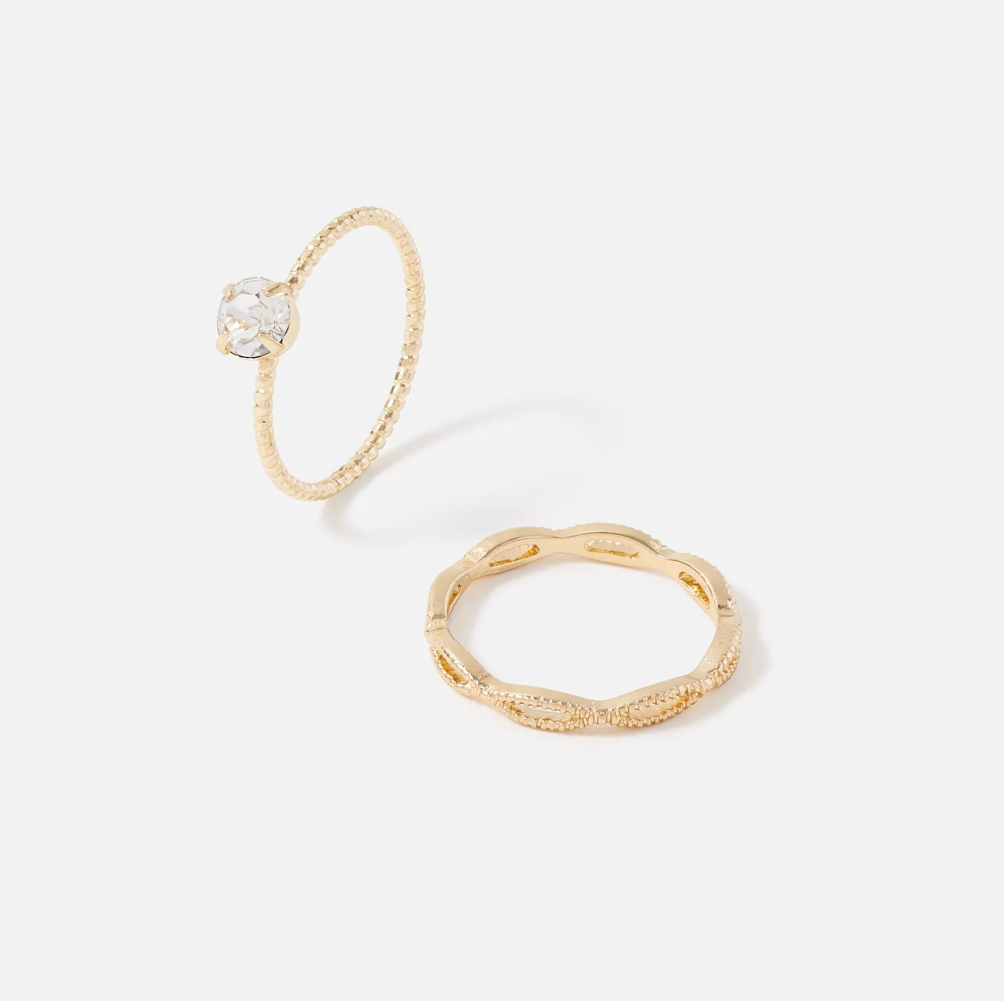 Accessorize London Women's Gold Pack of 2 Solitaire & Wave Band Stacking Rings-Medium