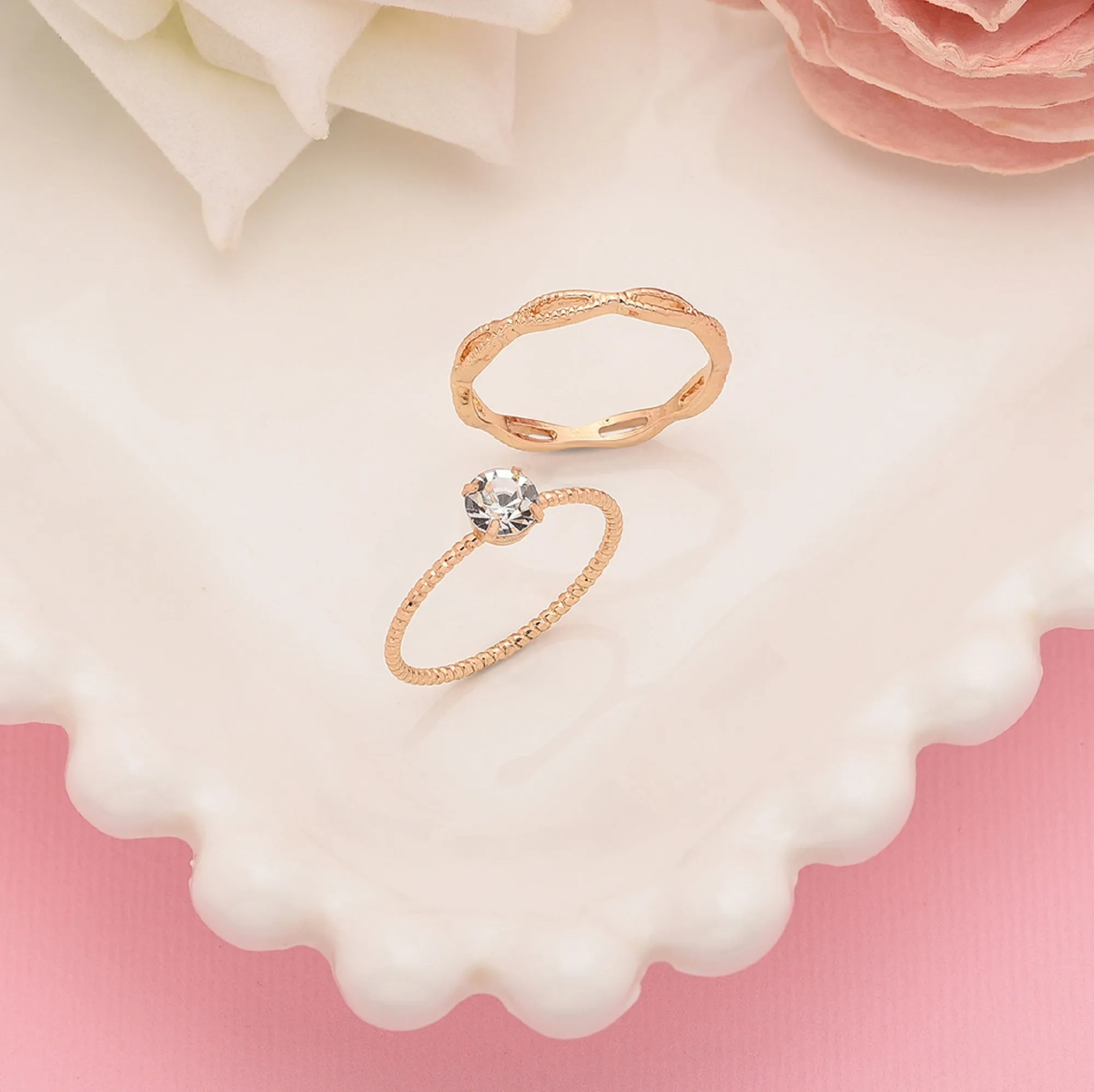 Accessorize London Women's Gold Pack of 2 Solitaire & Wave Band Stacking Rings-Medium