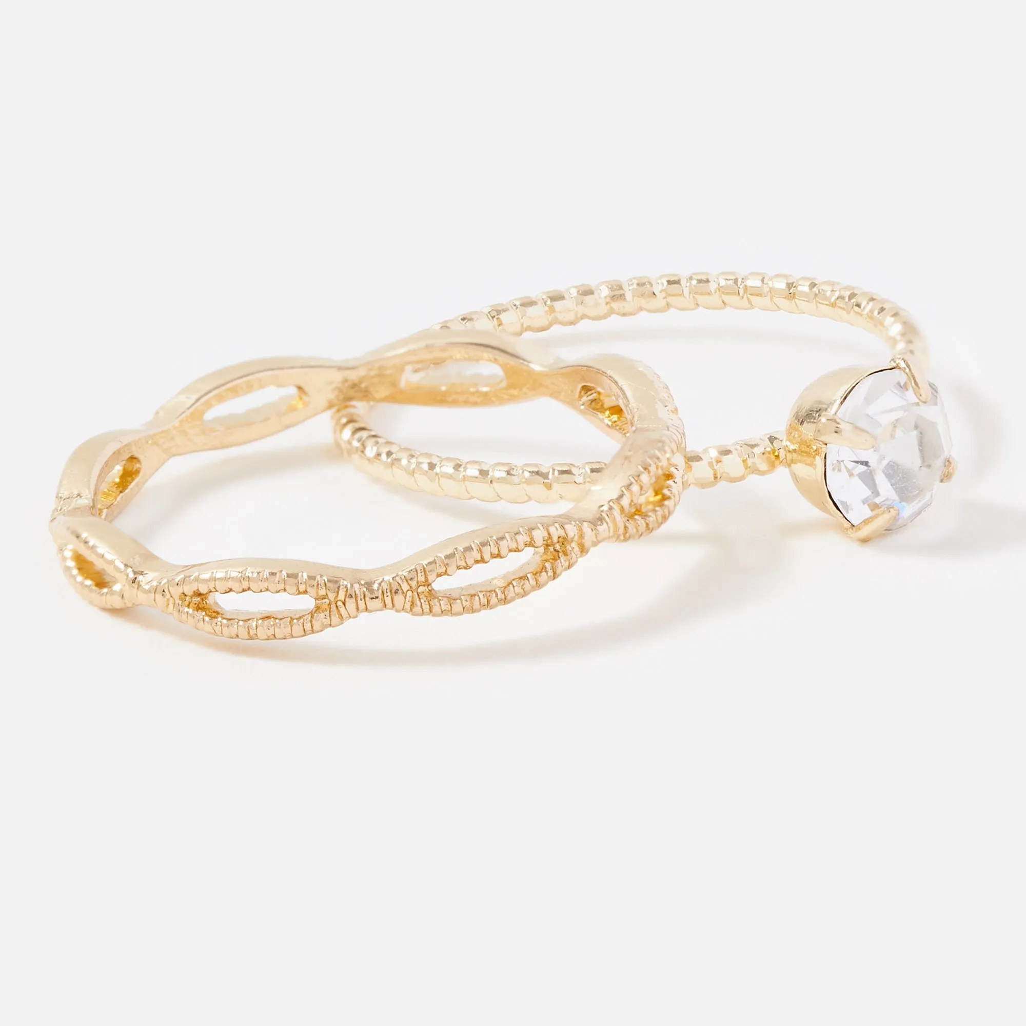 Accessorize London Women's Gold Pack of 2 Solitaire & Wave Band Stacking Rings-Medium