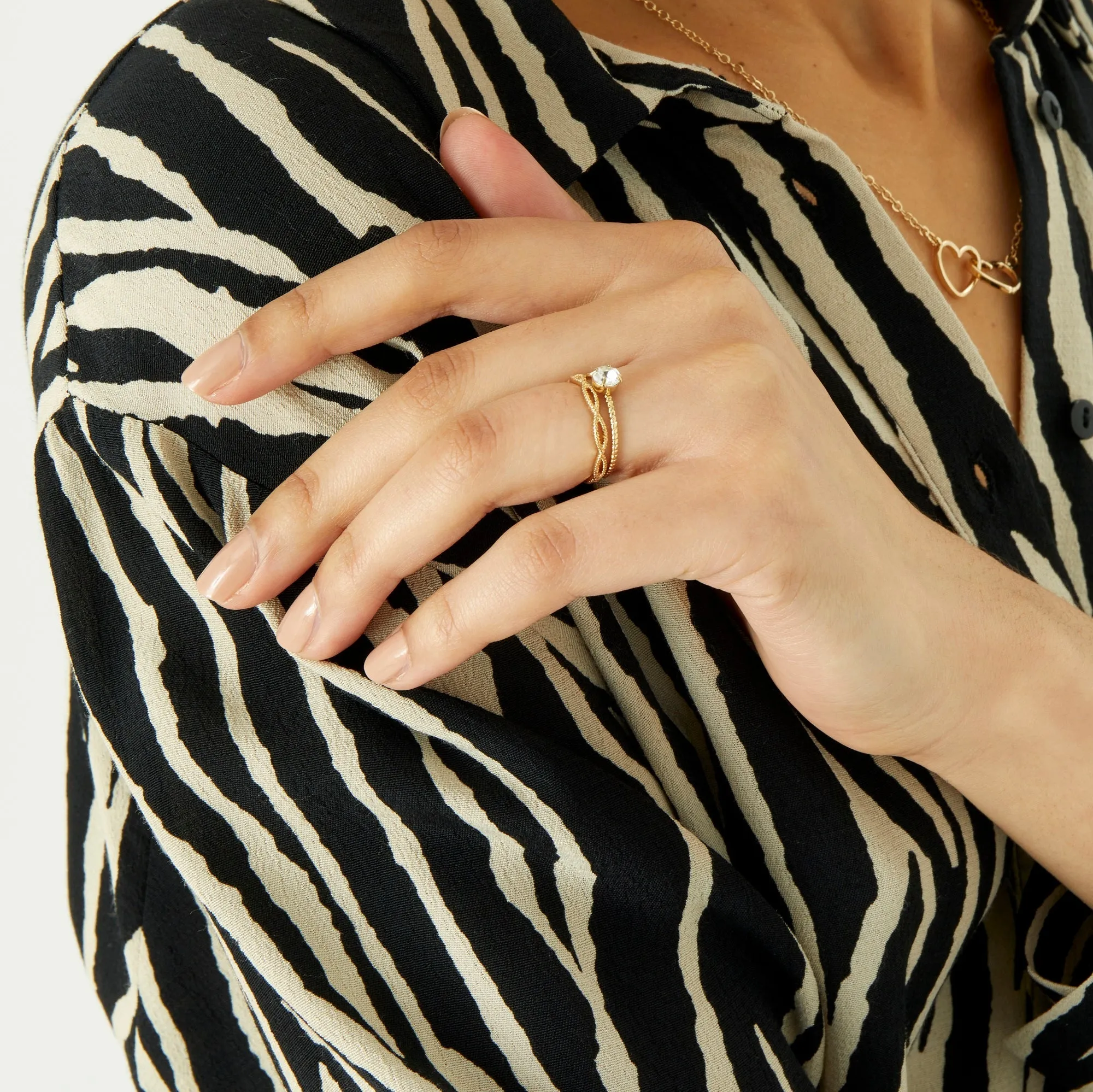 Accessorize London Women's Gold Pack of 2 Solitaire & Wave Band Stacking Rings-Medium