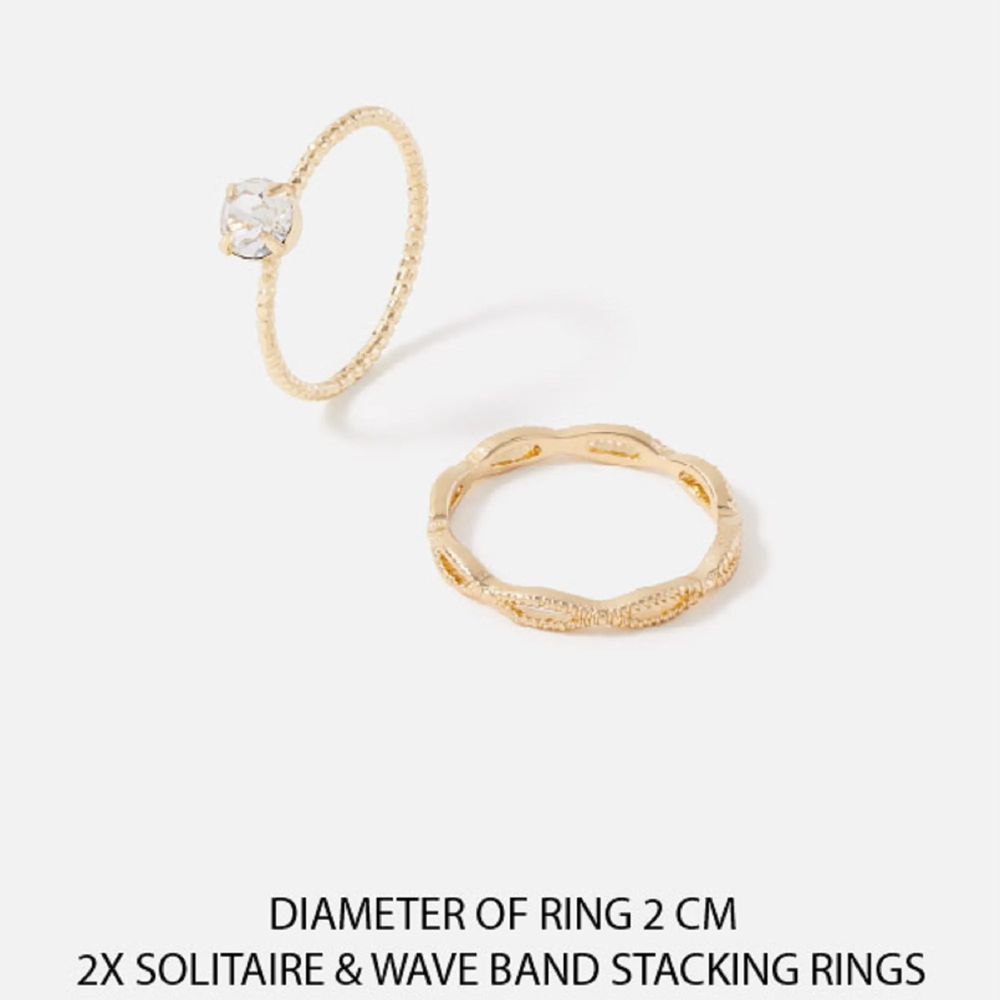 Accessorize London Women's Gold Pack of 2 Solitaire & Wave Band Stacking Rings-Medium