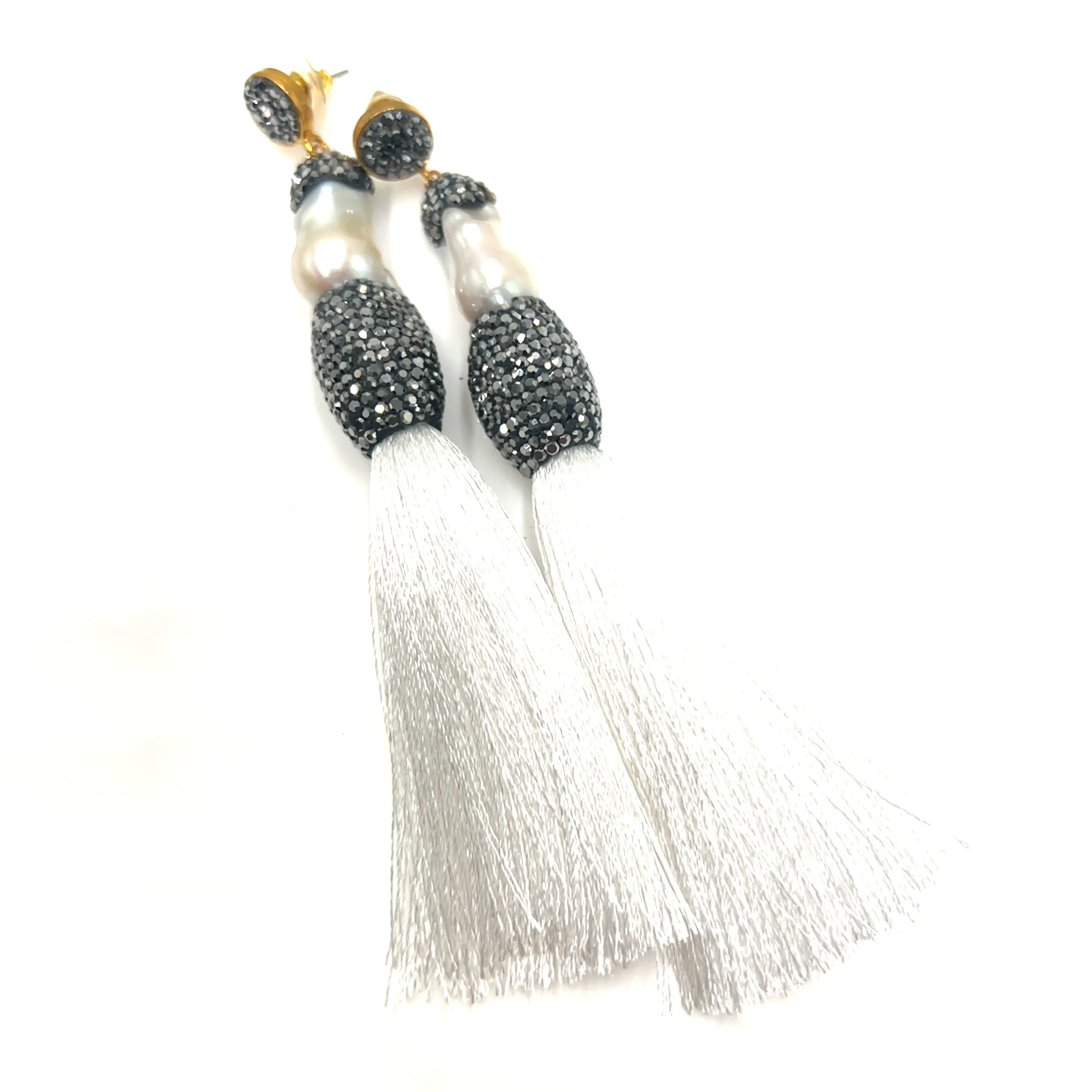 Baroque Cultured Pearl Silver Crystal Gold Plated Tassel Earring