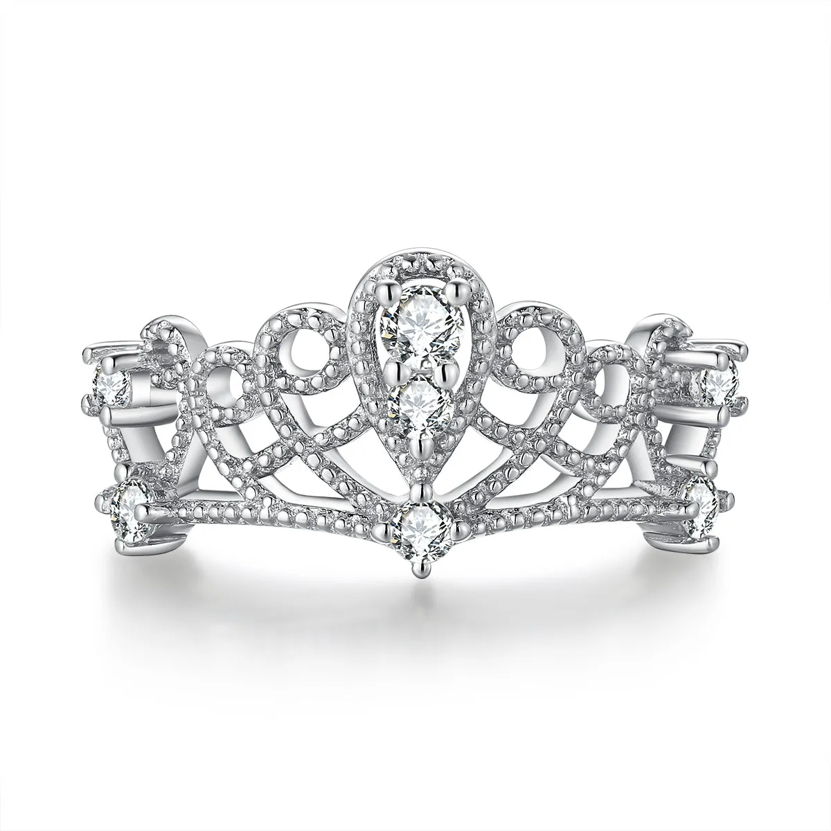 Belle Princess Crown Tiara Pear Cut Lab Created White Sapphire Ring in Sterling Silver