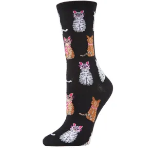 Black Studious Cats Crew Socks