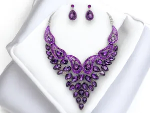 Chunky Purple V Shape Bib Necklace Earrings Set
