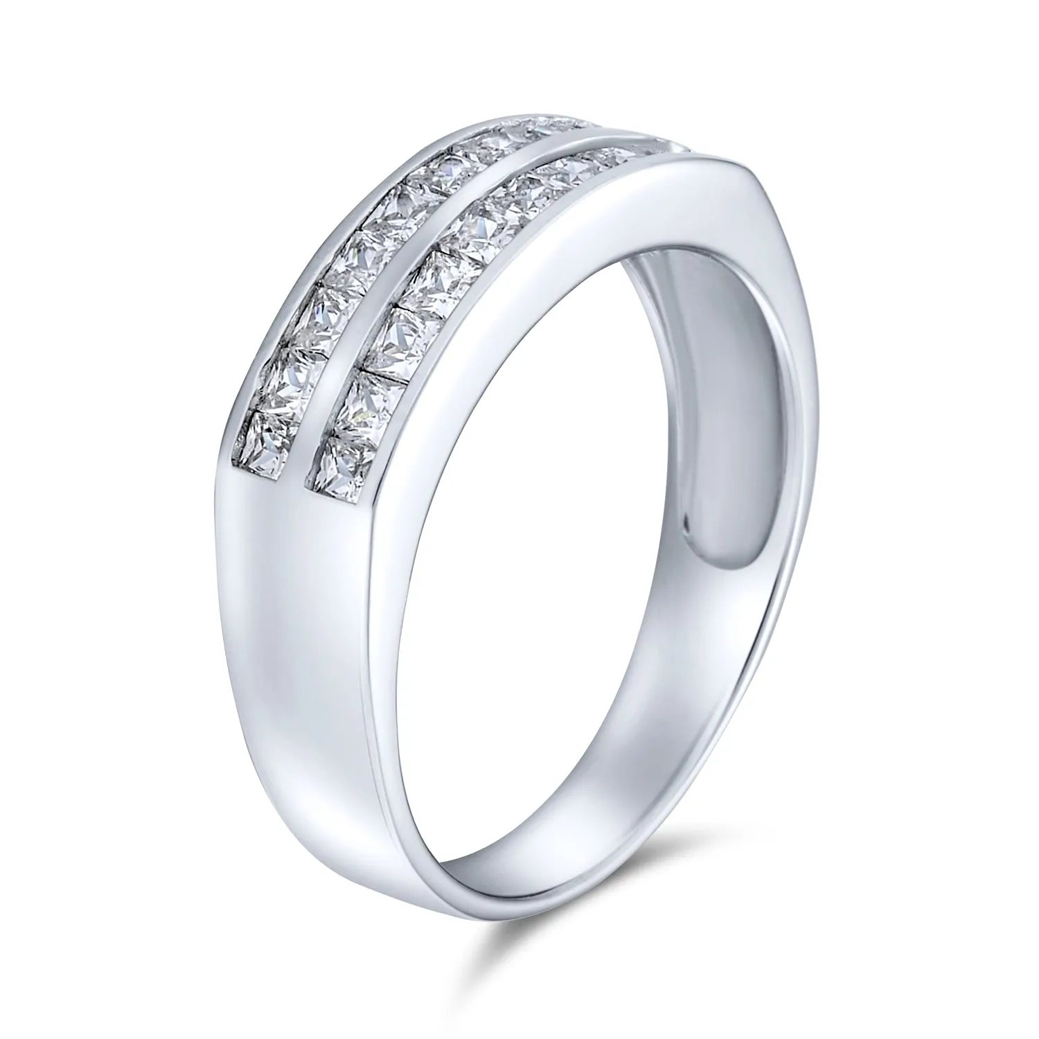Cocktail Statement Ring: Two Row CZ Channel Set Princess Cut Anniversary Band 925 Silver