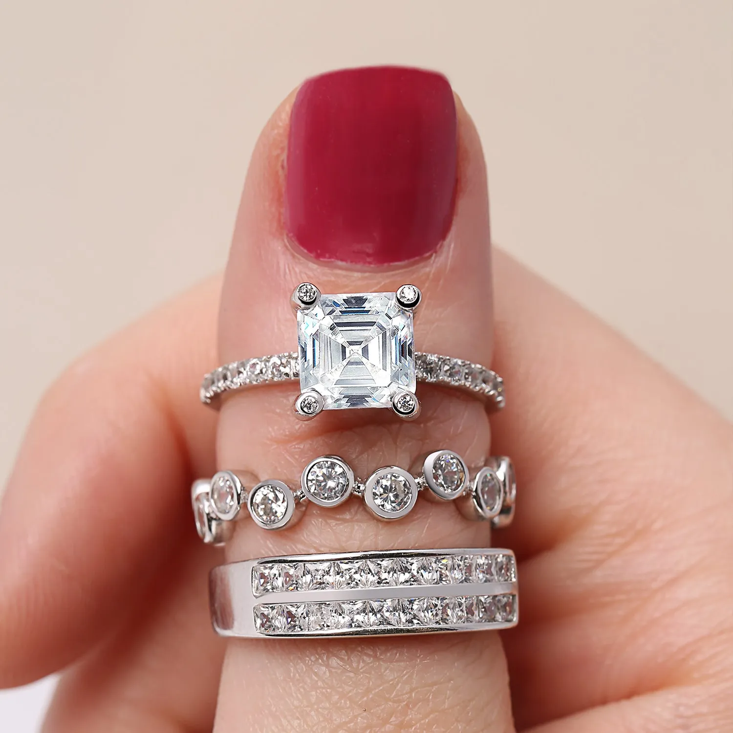 Cocktail Statement Ring: Two Row CZ Channel Set Princess Cut Anniversary Band 925 Silver