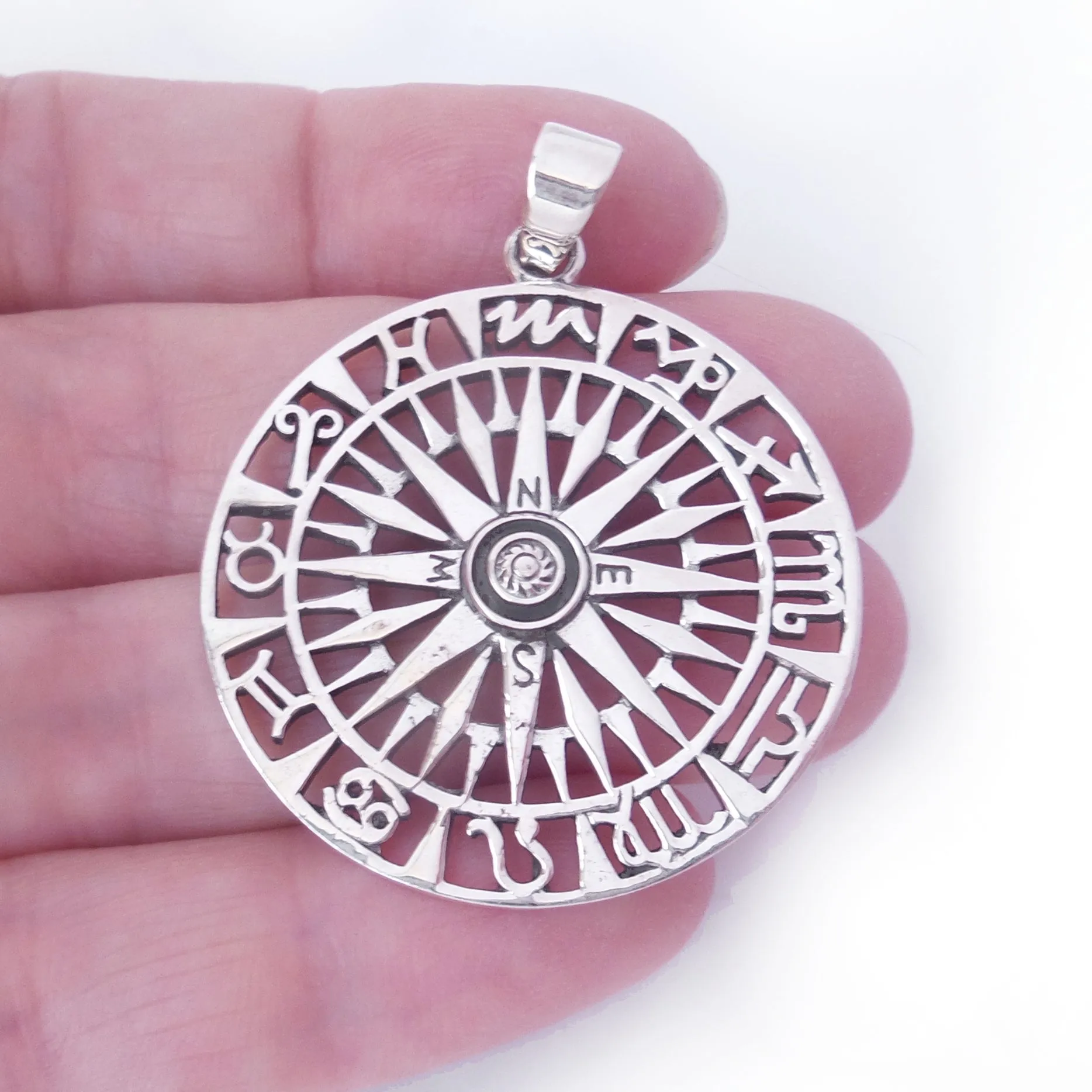 Compass Rose Zodiac Charm .925 Sterling Silver Pendant