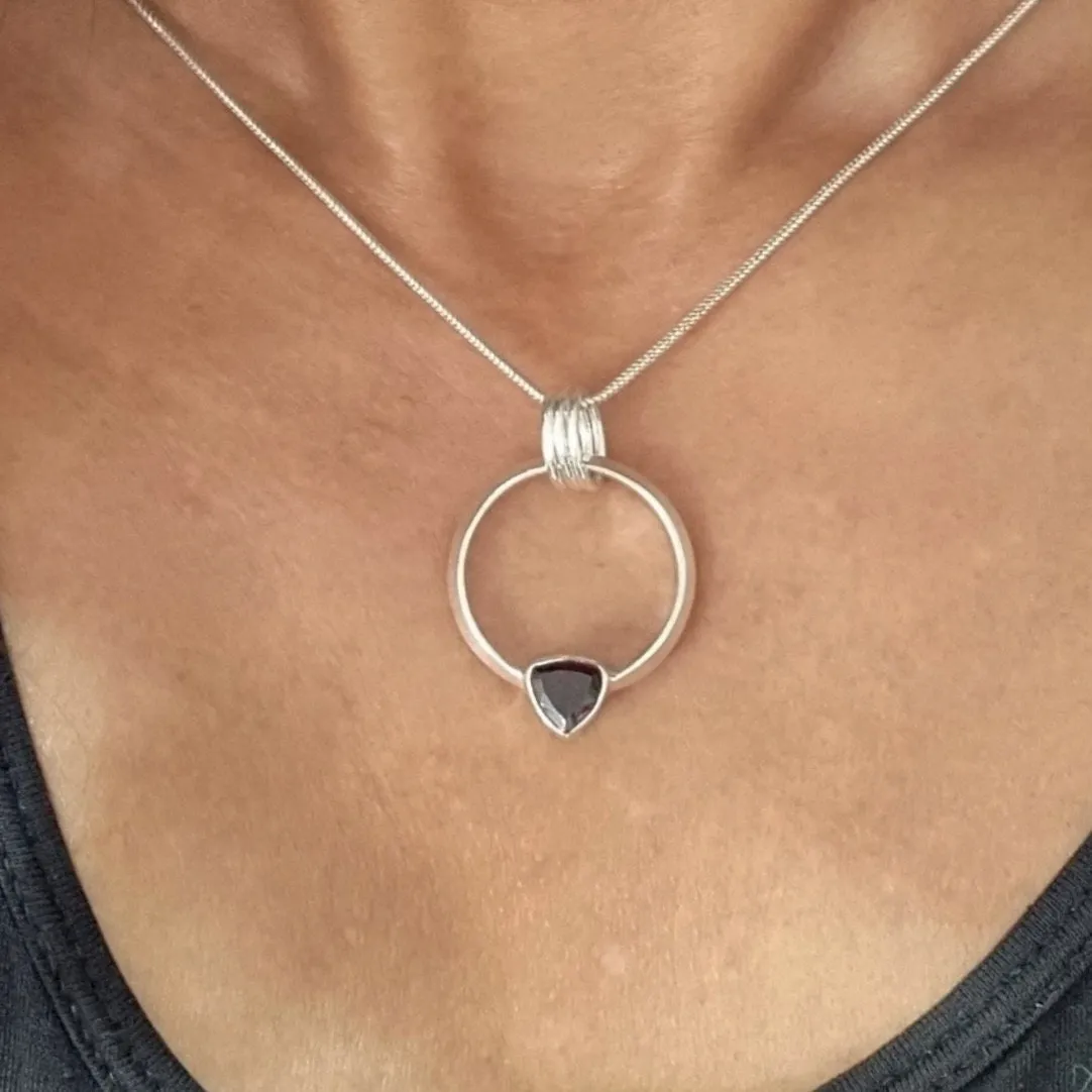 Designer Round Sterling Silver Garnet Pendant, P2G
