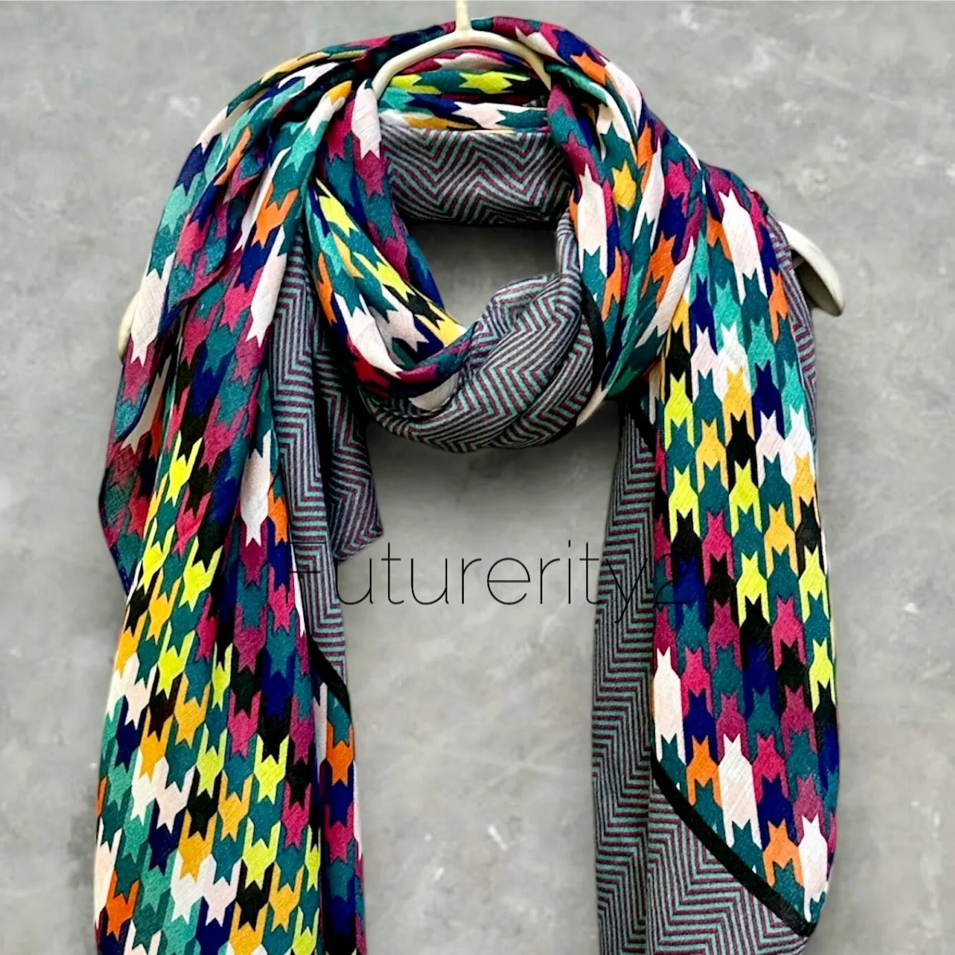 Eco Friendly Multicolour Houndstooth Pattern Cotton Blue Scarf/Summer Autumn Scarf/Gifts For Mom/Gift For Her Birthday Christmas/Scarf Women