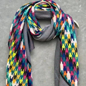 Eco Friendly Multicolour Houndstooth Pattern Cotton Blue Scarf/Summer Autumn Scarf/Gifts For Mom/Gift For Her Birthday Christmas/Scarf Women
