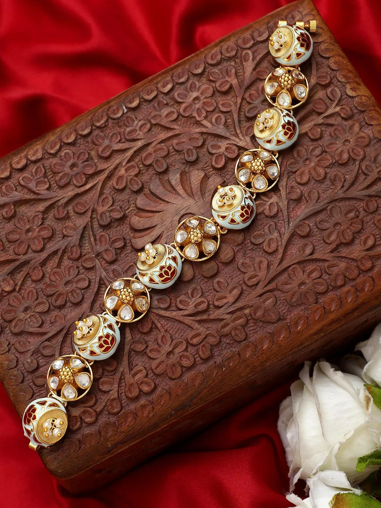 Flower Shape Meenakari Kundan Bracelet, Kundan Stone Chain Bracelet, Indian traditional bracelet, Bollywood Indian Jewelry | Gifts for Her