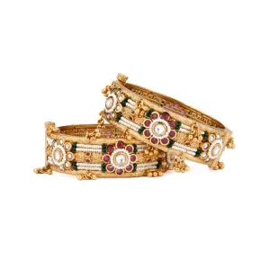 Gold Plated Kundan & Pink Onyx Stone Flower Motif Kada Bangles, Set of 2