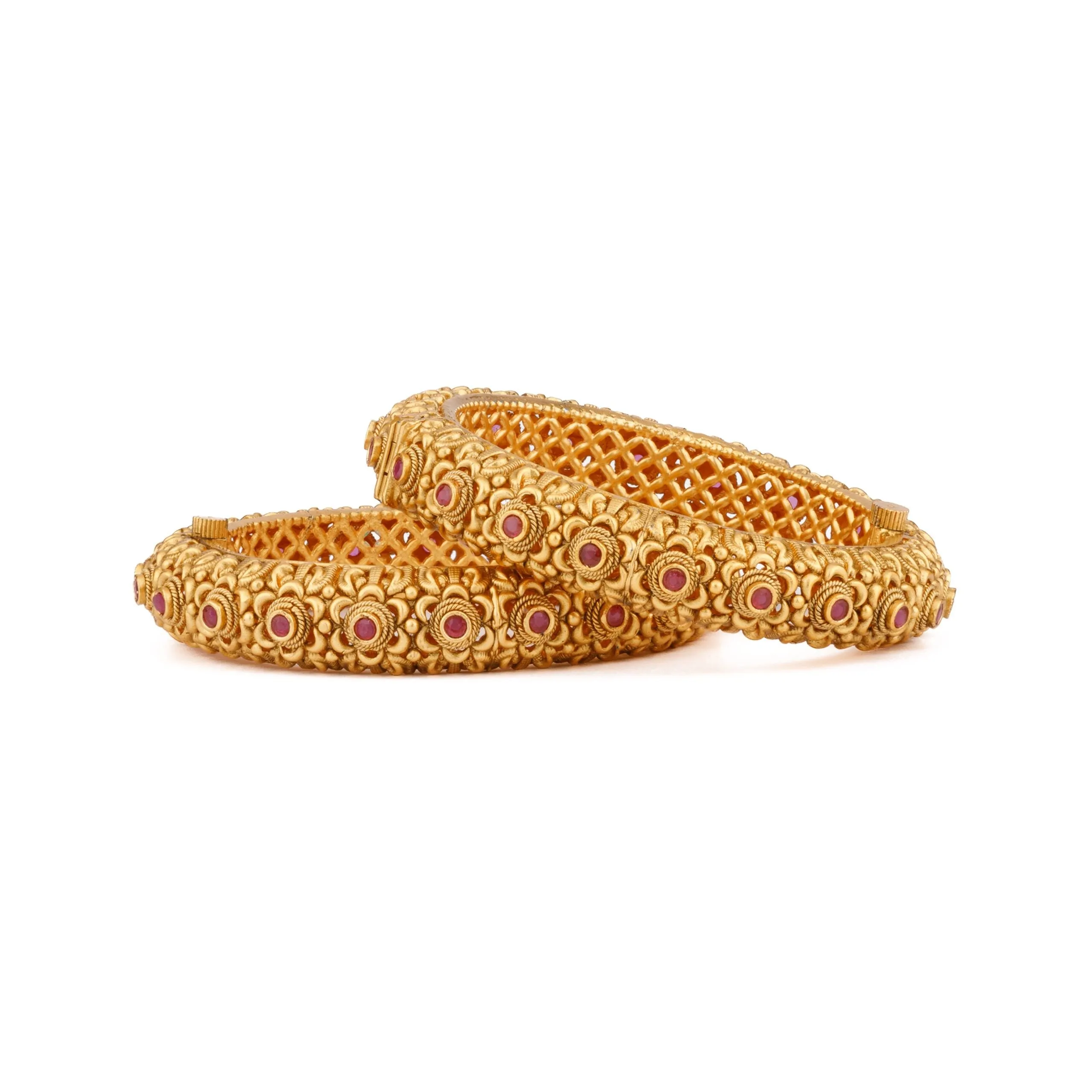 Gold Plated Pink Onyx Stone Studded Flower Motif Temple Bangles, Set of 2