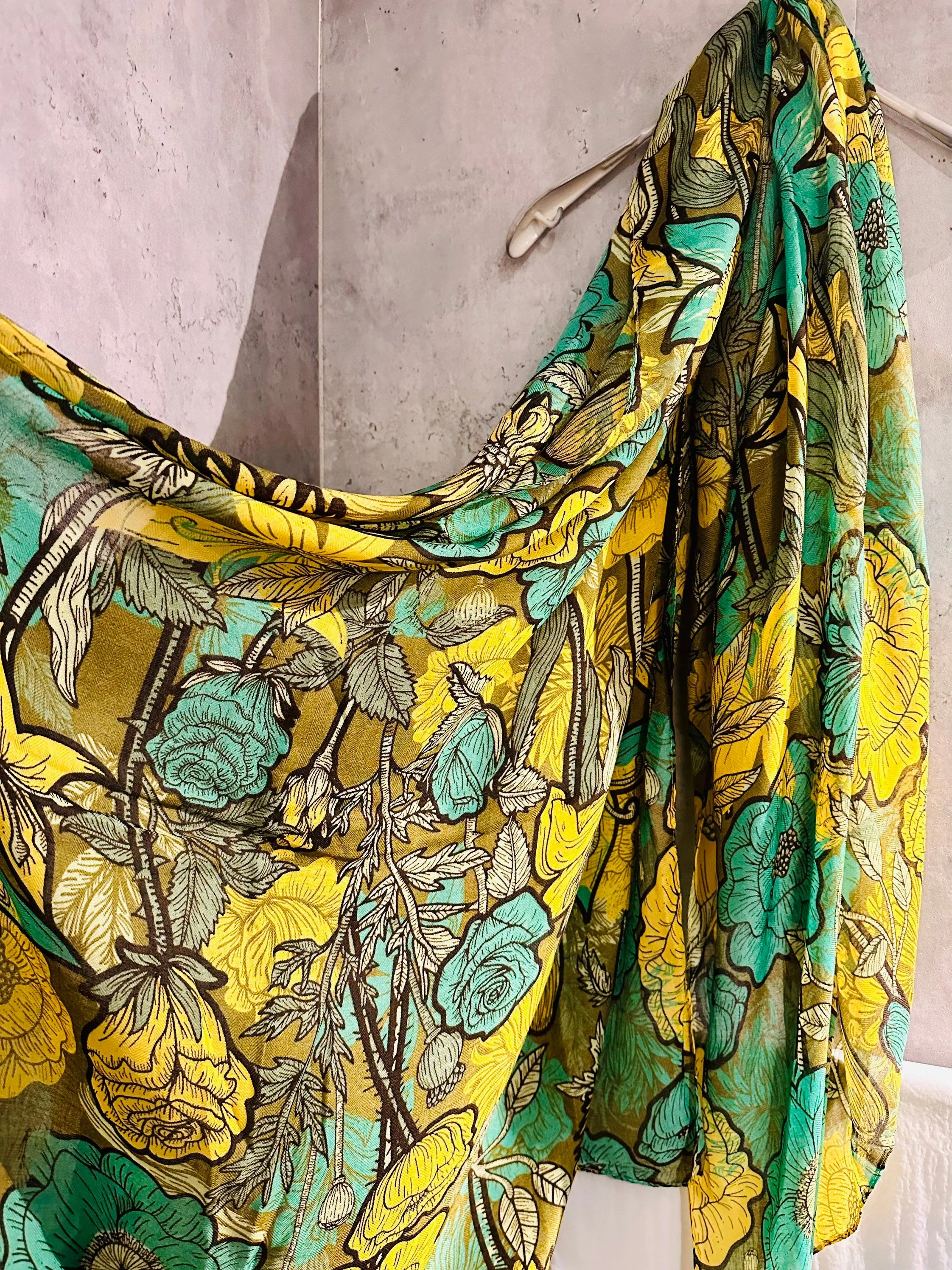 Green Yellow Organic Cotton Scarf with Sketched Flowers and Leaves – An Eco-Friendly Gift for Mom, Perfect for Birthday and Christmas Celebrations