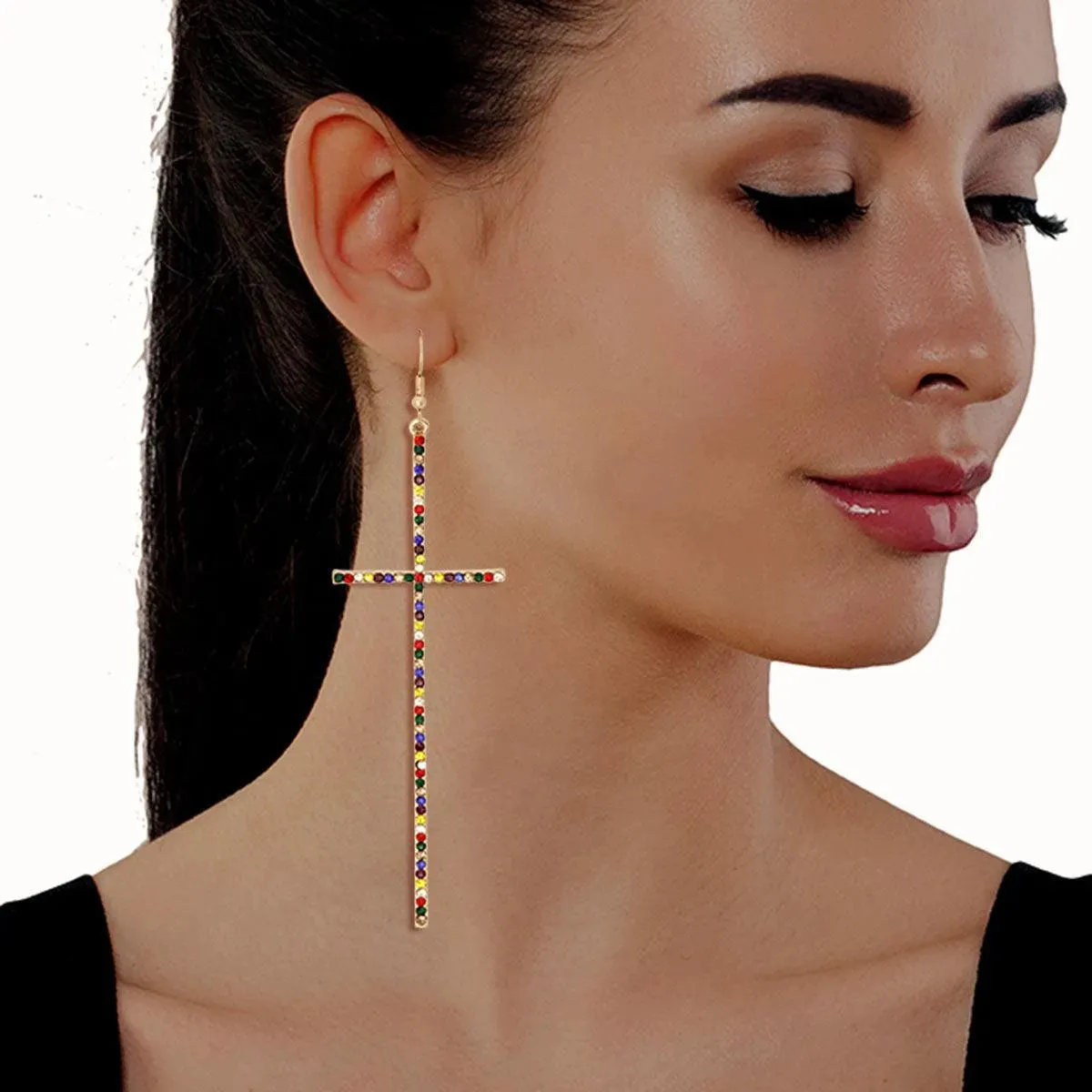 Multicolor Embellished Long Cross Earrings