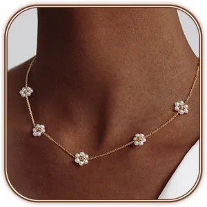 OGD Gold Pearl Necklaces Set for Women 14K Gold Plated Dainty Layered Pearl Cute Daisy Pearl Choker Gold Necklace Gifts for Women Gold Trendy Jewelry Gifts