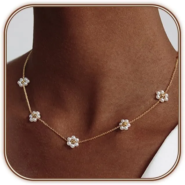 OGD Gold Pearl Necklaces Set for Women 14K Gold Plated Dainty Layered Pearl Cute Daisy Pearl Choker Gold Necklace Gifts for Women Gold Trendy Jewelry Gifts