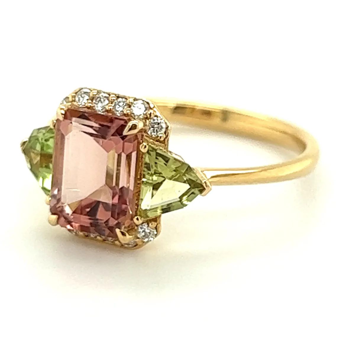 Pink & Green Tourmaline with Diamond Halo 18kt Gold Ring