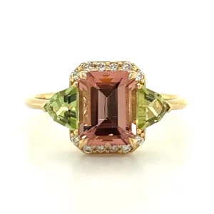Pink & Green Tourmaline with Diamond Halo 18kt Gold Ring