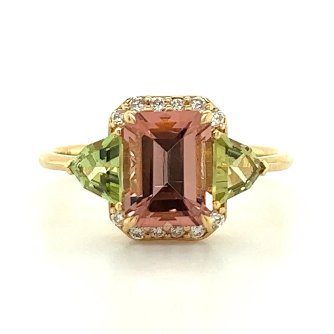 Pink & Green Tourmaline with Diamond Halo 18kt Gold Ring