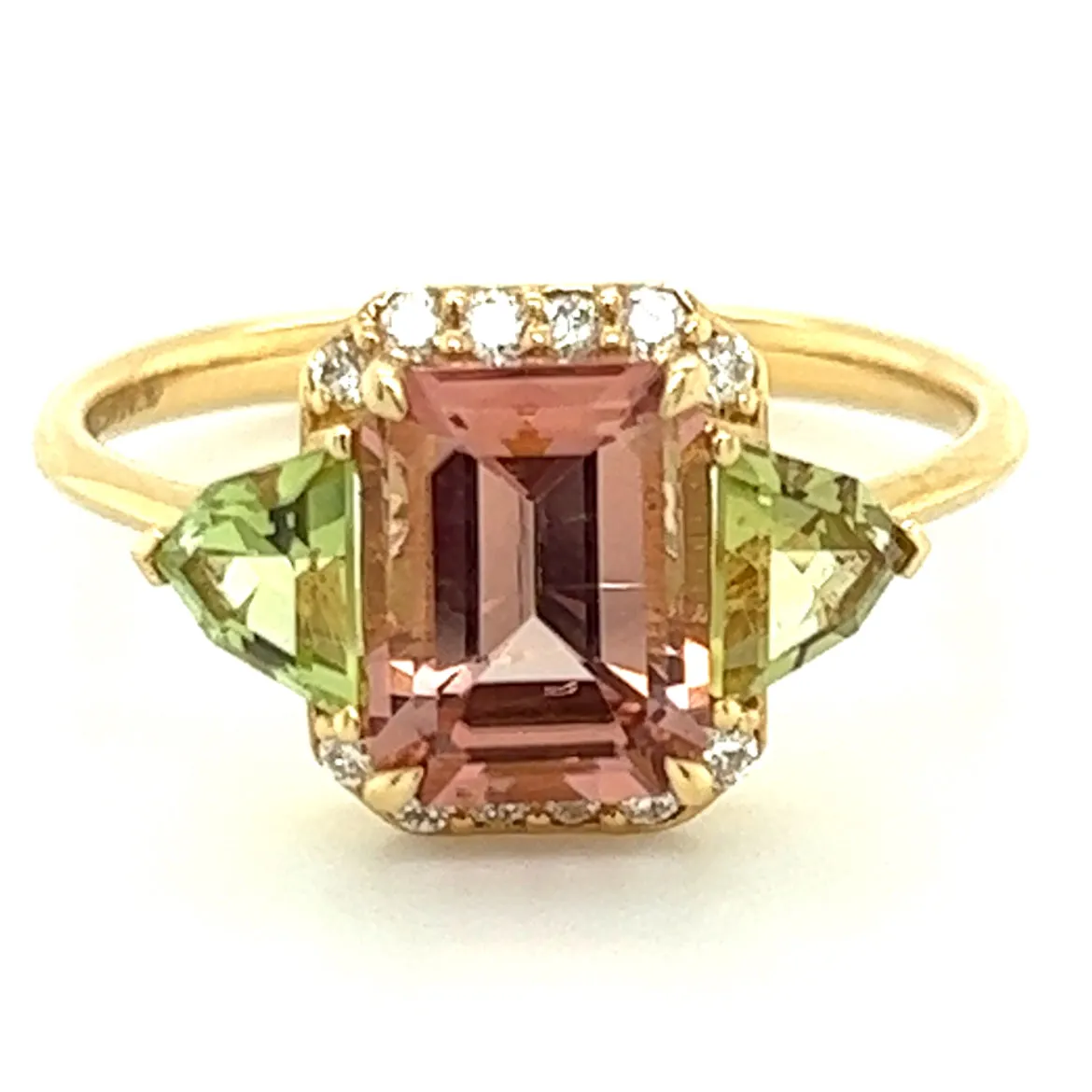 Pink & Green Tourmaline with Diamond Halo 18kt Gold Ring
