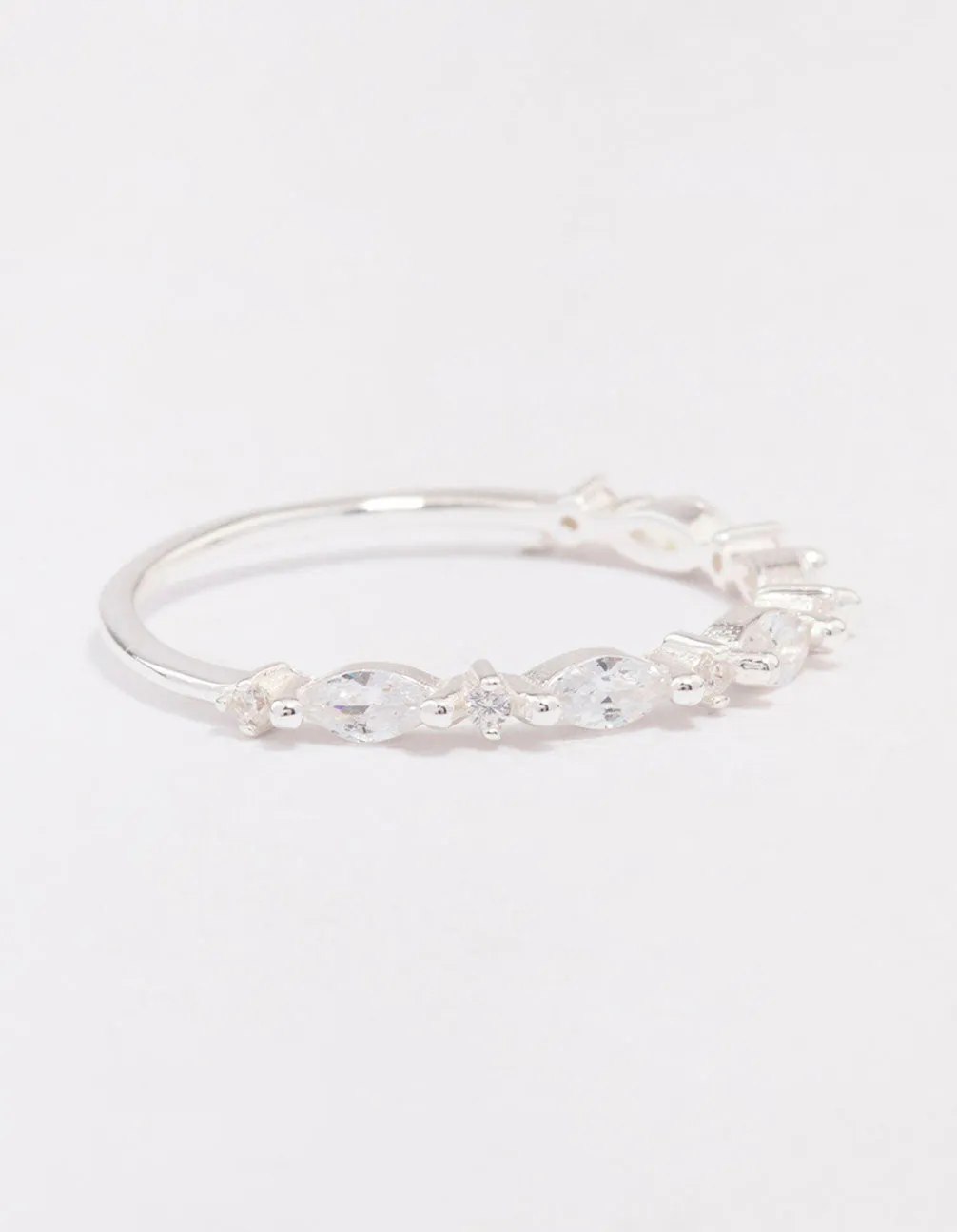 Sterling Silver Cubic Zirconia Alternating Marquise Round Ring