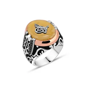 Tughra on Yellow Ellipse Synthetic Amber Stone Silver Men's Ring Siding Braid Pattern and Zircons