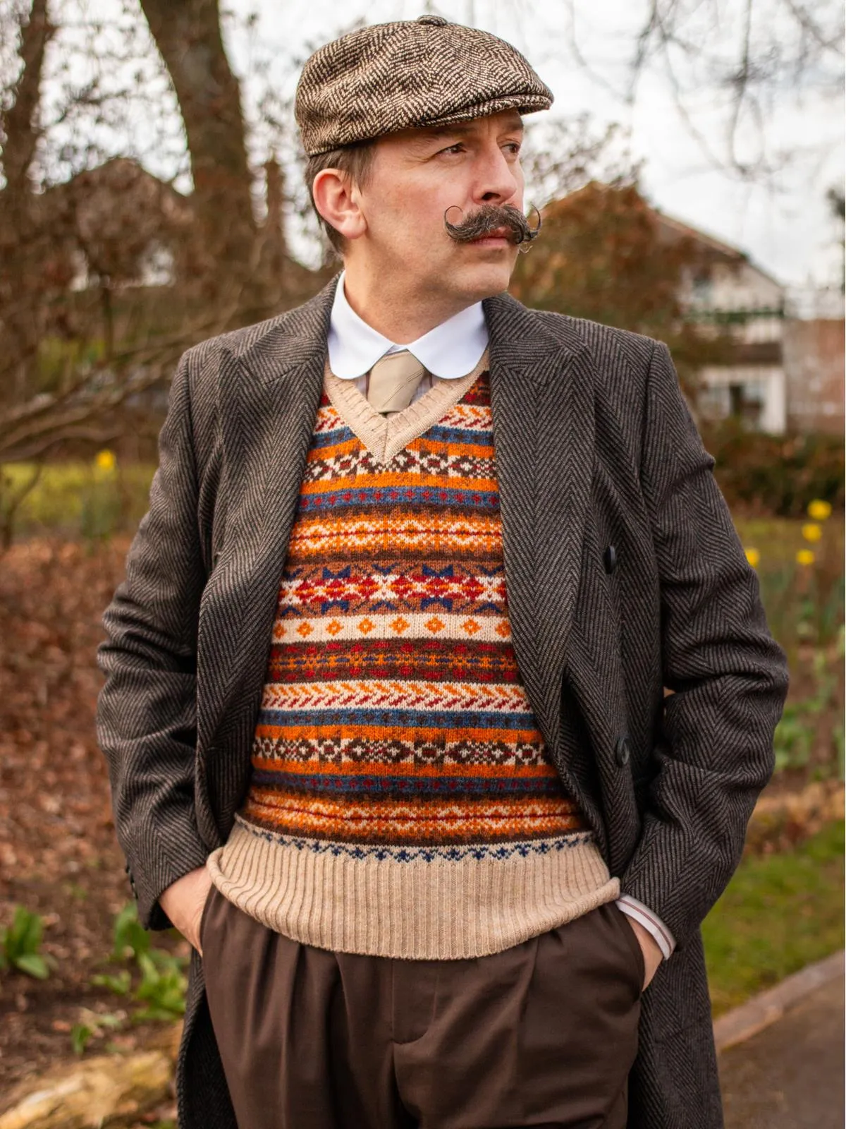 Vintage Look Brown Herringbone Newsboy Cap